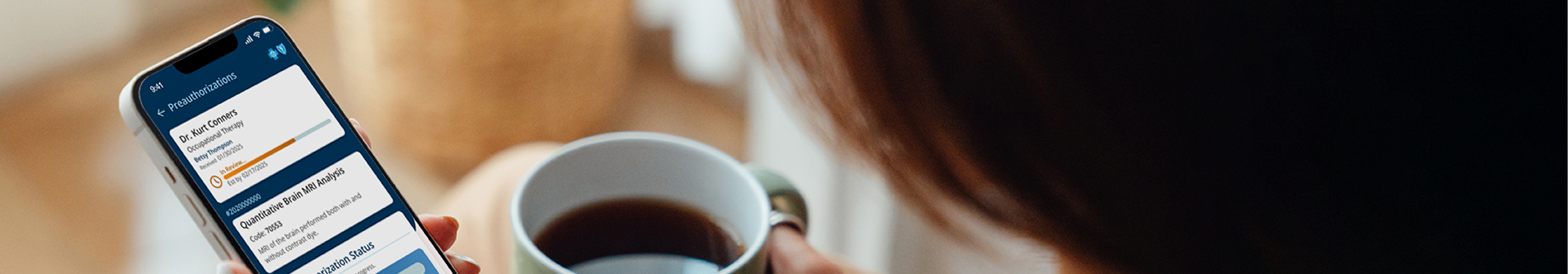 Woman drinking coffee and checking her member account on a smartphone
