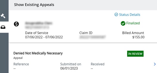 New claim appeal screenshot